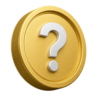 On the FAQ page, a decorative gold 3D coin displays a question mark